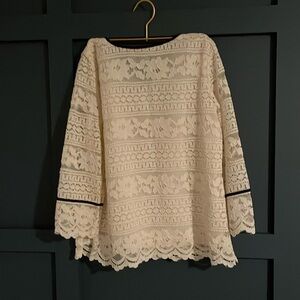 Talbots Blouse Cream Lace Lined Delicate 3/4 Sleeves Black Velvet petite small